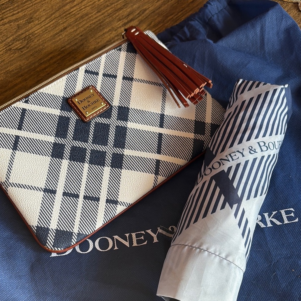 Dooney & Bourke Plaid Clutch with Tassel Accent and Matching Umbrella